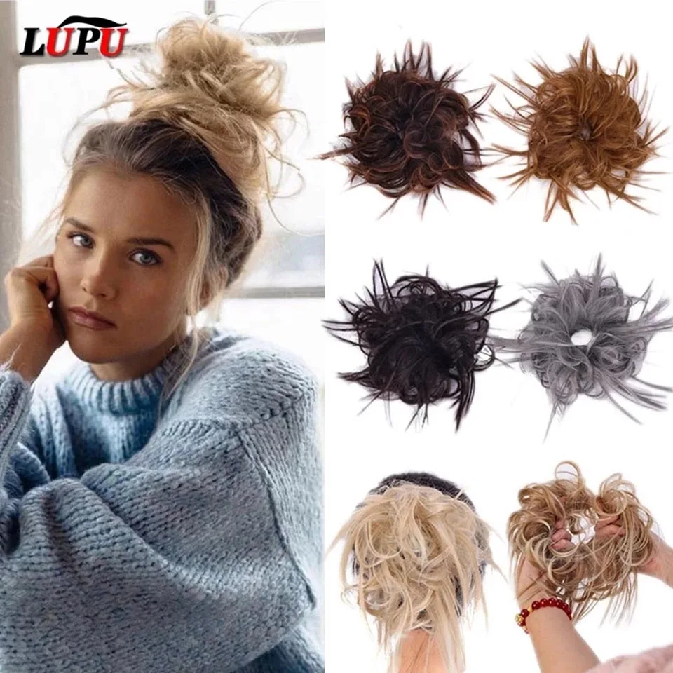 LUPU moño sintético Scrunchie desordenado banda elástica para el pelo moño recto Updo peluca alta temperatura fibra Natural pelo falso