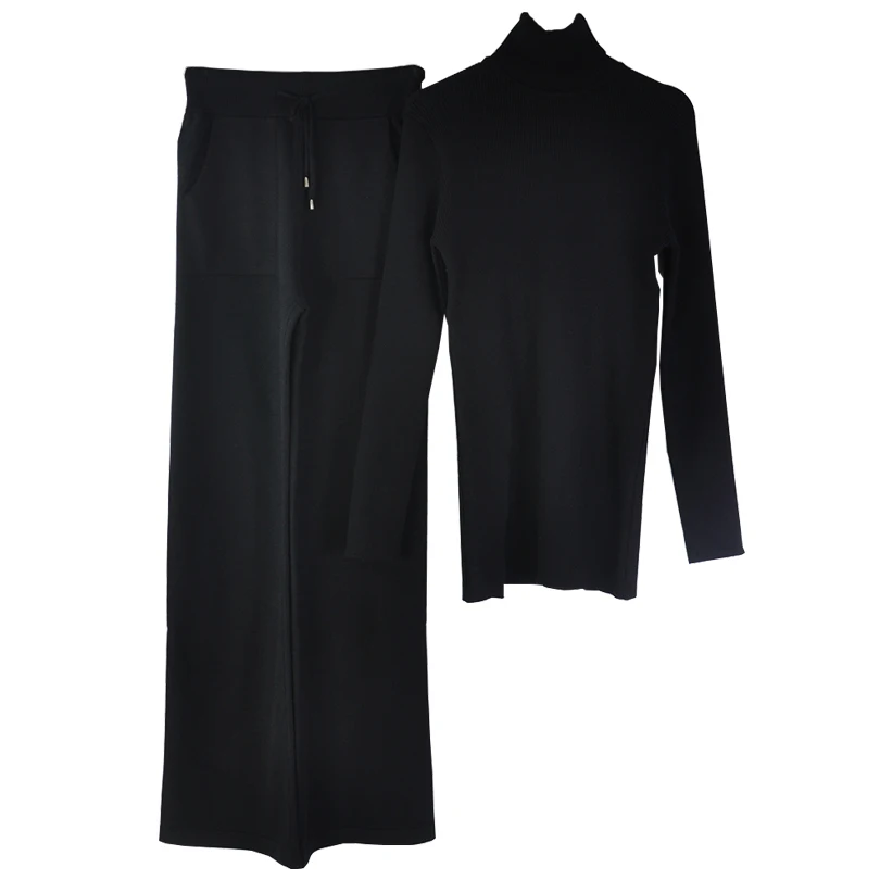 MVGIRLRU осенне-зимний женский вязаный пуловер с высоким воротом, свитер и штаны, костюм из двух предметов - Цвет: Черный