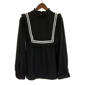 

Retro Elegant Ruffles Navy Collar Shirt Long Sleeve White Tops Black Shirts Loose Casual Blusas Mujer Pullovers Women Clothing
