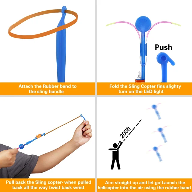 10PCS Outdoor Shining Rocket Flash LED Light Night Kids Luminous Slingshot Toys Shine Slingshot Elastic Helicopter Rotating Toy 4