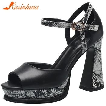 

Karinluna 2020 New Arrivals Genuine Cow Leather Hoof High Heels Shoes Woman Sandals Female Buckle Strap Platform Sandals Women