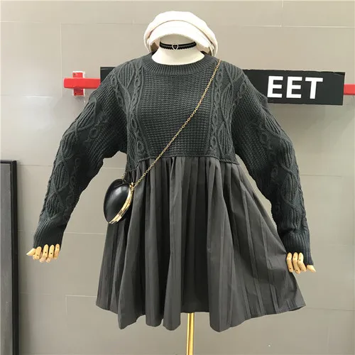 Корейское осенне-зимнее новое трикотажное комбинированное платье из двух частей женский пуловер свитер женское платье плюс размер элегантное платье - Цвет: Dark Gray