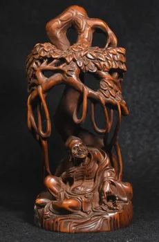 

Crafts statue 6" Chinese Buddhism Boxwood Wood Carved Arhat Monk Buddha Sit tree below Statue