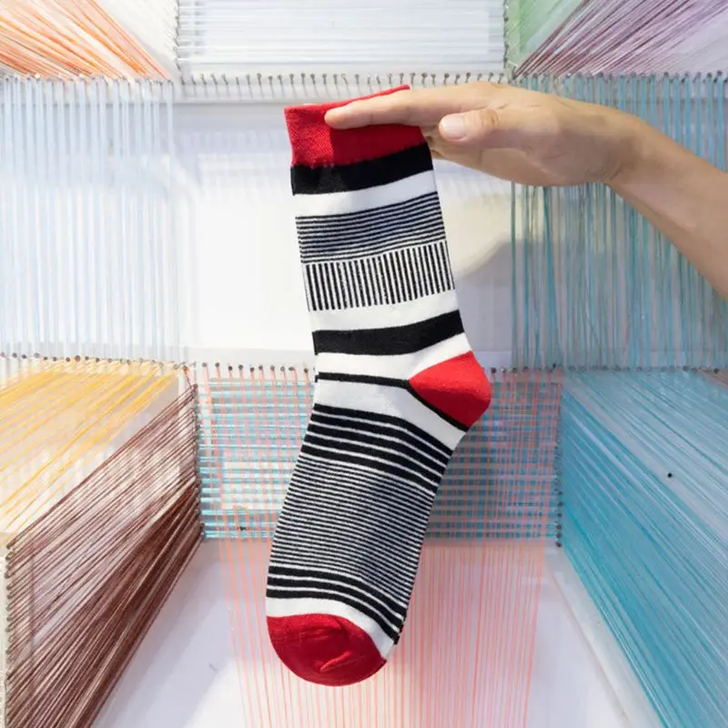 5 Pairs Men Color Block Fine Stripes Print Cotton Crew Socks Harajuku Hosiery