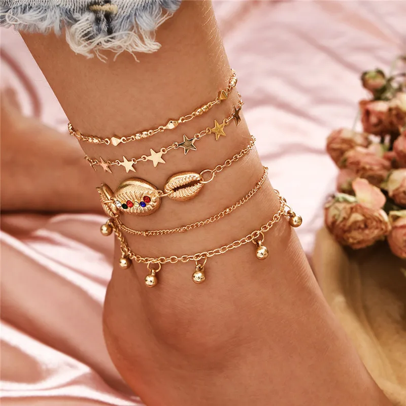 Best Seller 5Pcs/Set Vintage Boho Gold Chain Anklets Fashion Shell Star Beads Leg Bracelet Foot Jewelry Summer Gift Accessories Best Seller 5Pcs/Set Vintage Boho Gold Chain Anklets Fashion Shell Star Beads Leg Bracelet Foot Jewelry Summer Gift Accessories