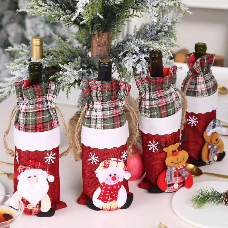 Christmas Wine Bottle Decor Set Santa Claus Snowman Bottle Cover Clothes Kitchen Decoration Red Wine Champagne Bottle Bag Decor
