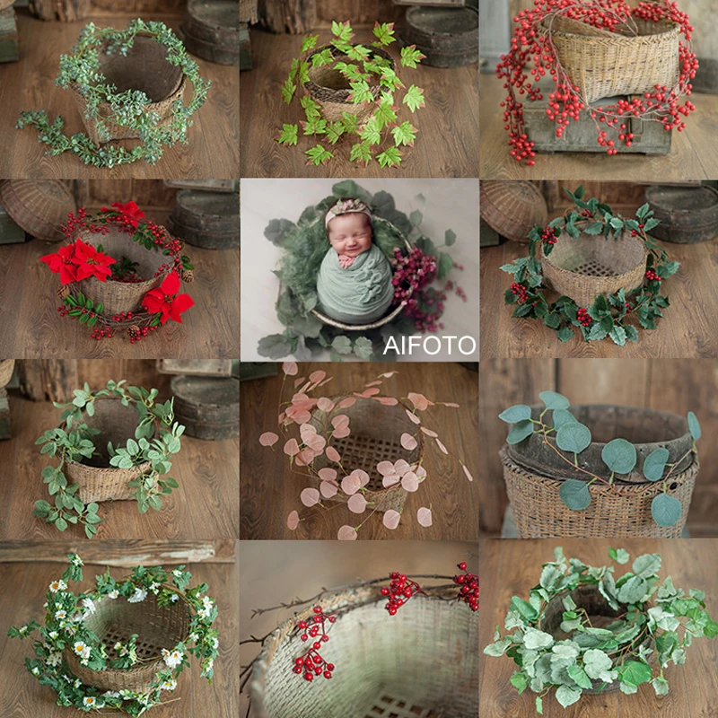 Newborn Photography Prop Simulated Green Plants Basket Stuffer Accessorie Berry Daisy Rattan