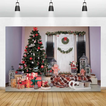 

Laeacco Christmas Tree Gifts Light Sled Santa Claus Wreath Photography Backdrops Photo Backgrounds For Family Photocall Props