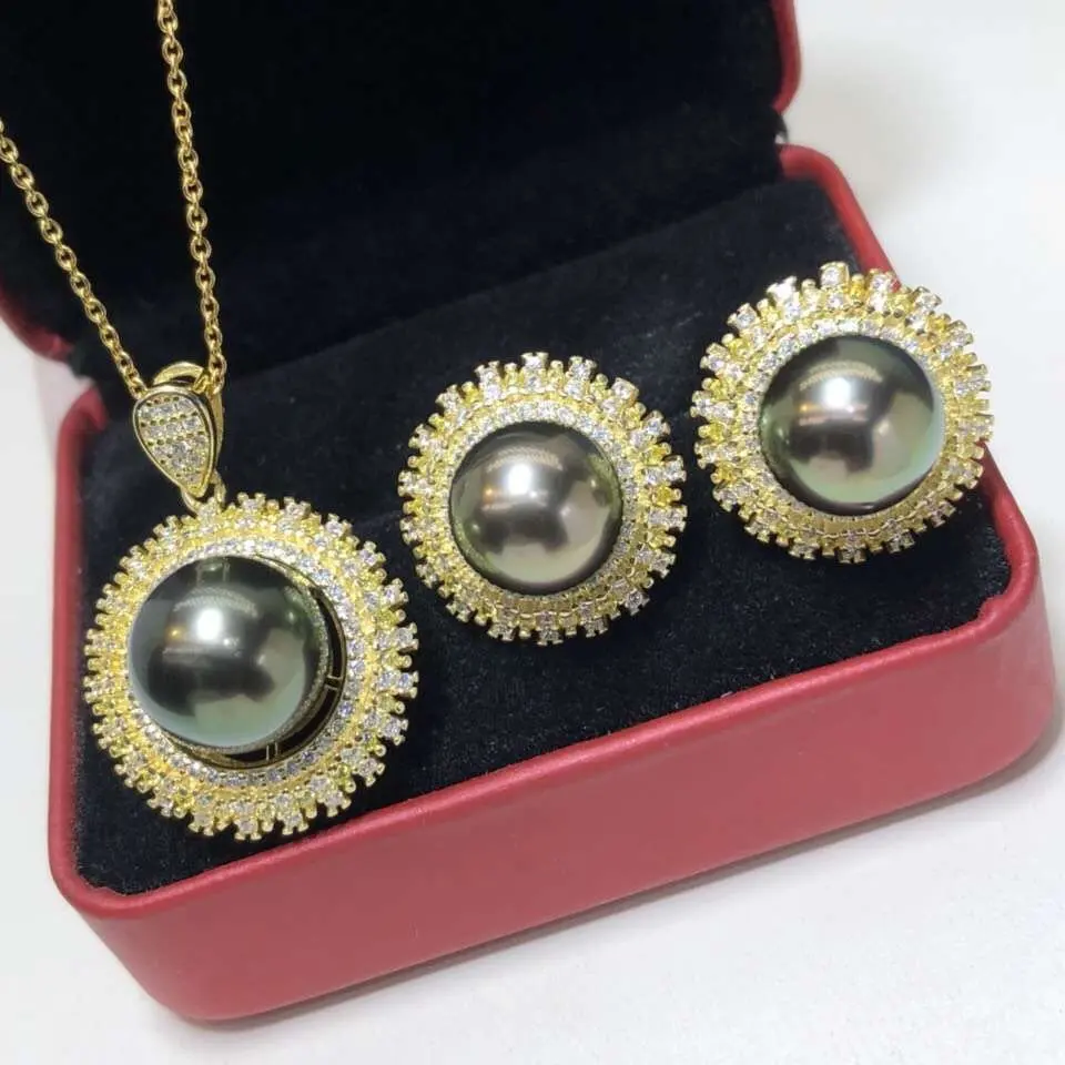 

Fine Jewelry Pure 925 Sterling Silver Natural Ocean Tahiti Black Pearl 9-13mm Female's Jewelry Sets for Women FIne Jewelry Sets