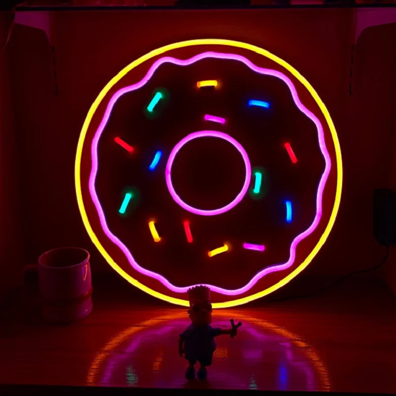 Personalizado donut multicolorido led flex acrílico transparente sinal de néon luz parede pendurado para casa quarto decoração