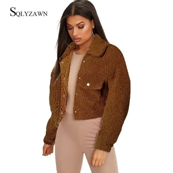 

Fall Winter Warm Fuzzy Teddy Fur Long Sleeve Cropped Coat Female Fleece Sherpa Jacket Yellow Camel Black Tweed Clothes Plus Size