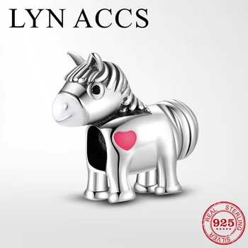 

LYNACCS New 925 Sterling Silver Cute little donkey Enamel Animal Beads Charms fits Original Fine Bracelets DIY Jewelry