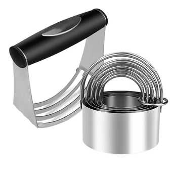 

5 Pack Stainless Steel Round Biscuit Cutter with Handle,1 Dough Blender Smooth Baking Dough Tools Set