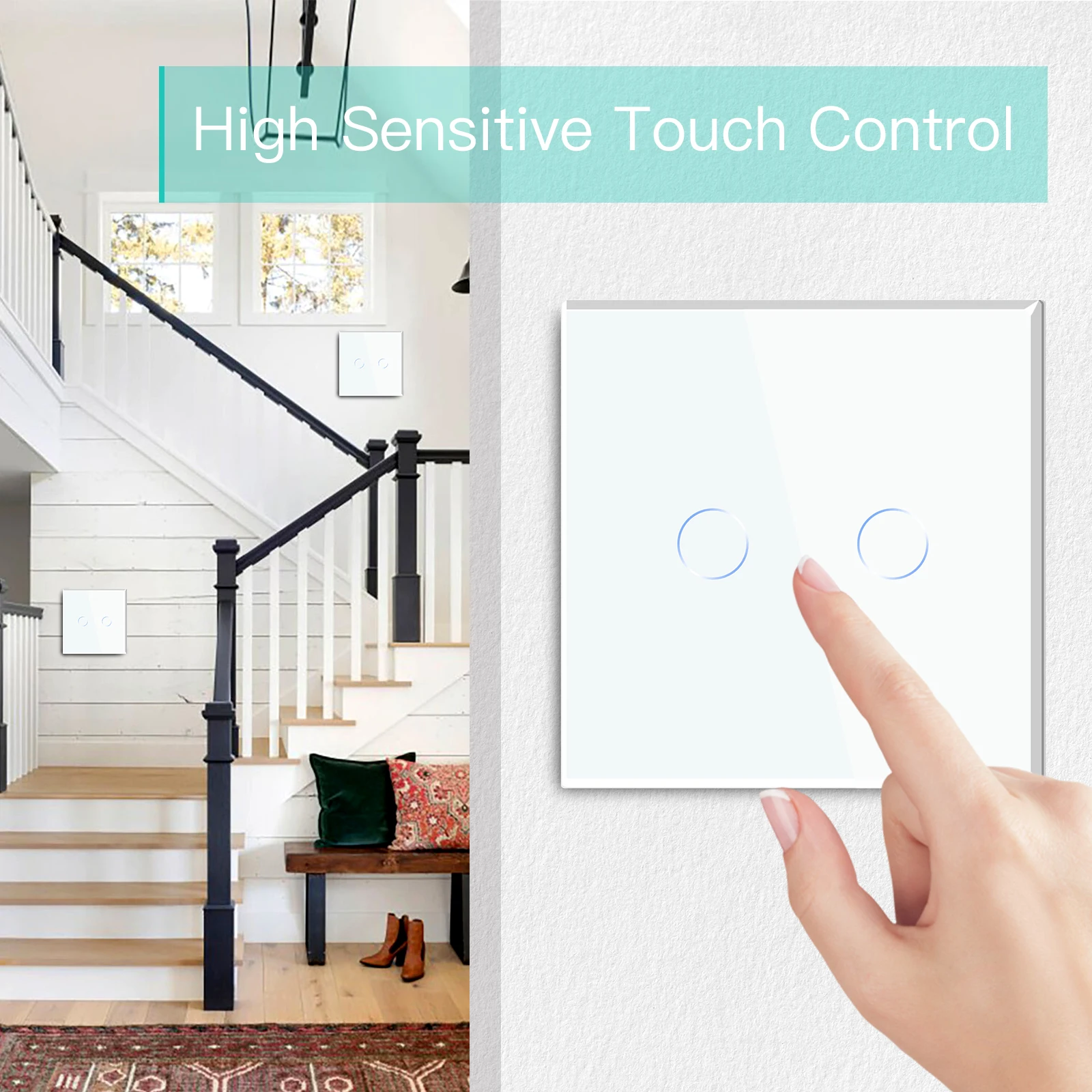 Bseed Capacitive Touch Switches 2Gang 2Way Wall Stair Switches EU UK Standard Multi Control Light Switches Blue Backlight