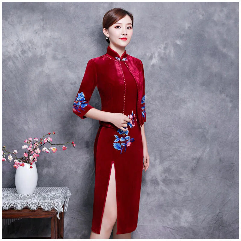Новое китайское женское элегантное велюровое платье Qipao из 2 предметов, Cheongsam, сексуальное платье, одежда, большие размеры, S M L XL XXL 3XL 4XL