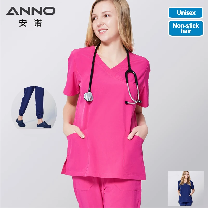 ANNO Medical Scrub Set Non sticky hair Pet Hospital Uniform Clinical Nursing Dress Surgical Clothes Shirt Trouser