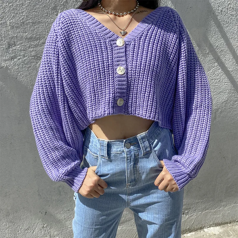 

2020 new women's casual loose purple bubble sleeve V-neck sweater cardigan