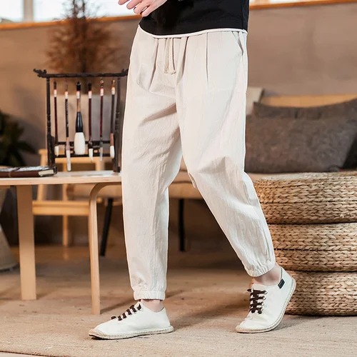beige Sinicism Модные мужские повседневные брюки из льна свободные брюки длиной до щиколотки с высокой талией брюки/мужские весенние спортивные брюки большие размеры S-5XL - Цвет: beige