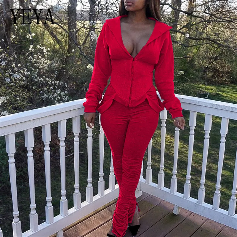 

YEYA Tracksuit Two Piece Set Hooded Zipper V Neck Coat Top and Pleated Pants Jogging Streetwear Women Matching Sets