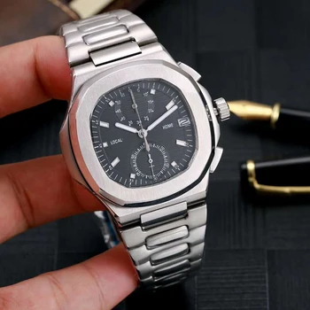 

Classic New Quartz Chronograph Men Watch Stopwatch Sapphire Stainless Steel Watches Silver Blue Black Dual Time Zone AAA+