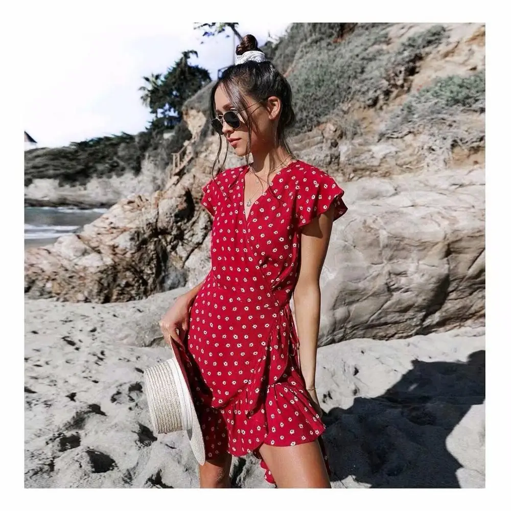 

Printed Flower Summer Mini Dress Women Flounce Floral Printed V-neck French Beach Dress