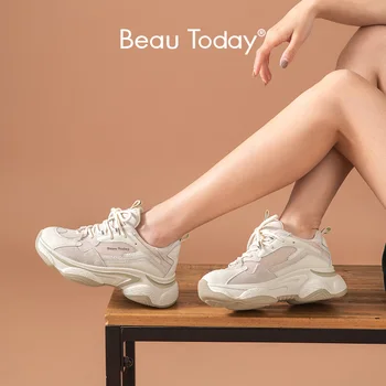 

BeauToday Chunky Sneakers Women Genuine Cow Leather Mesh Retro Style Lace-Up Mixed Colors Lady Casual Thick Shoes Handmade 29353