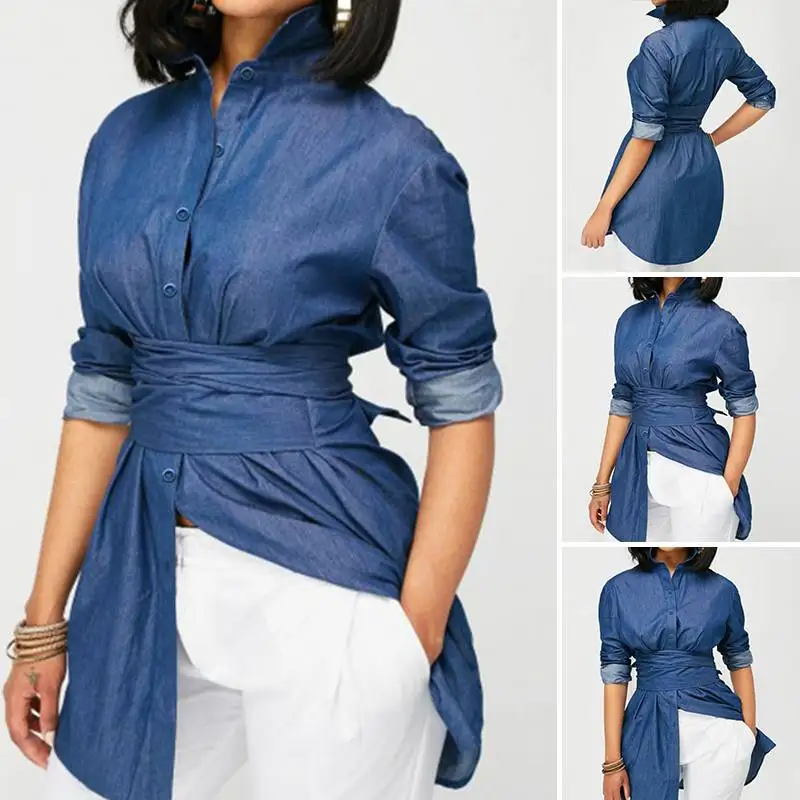 Tunic Denim Blouse Women Long Sleeve Blouse VONDA 2020 Autumn Long Tops Casual Lapel Button Up Shirts Blusa Femininas Plus Size