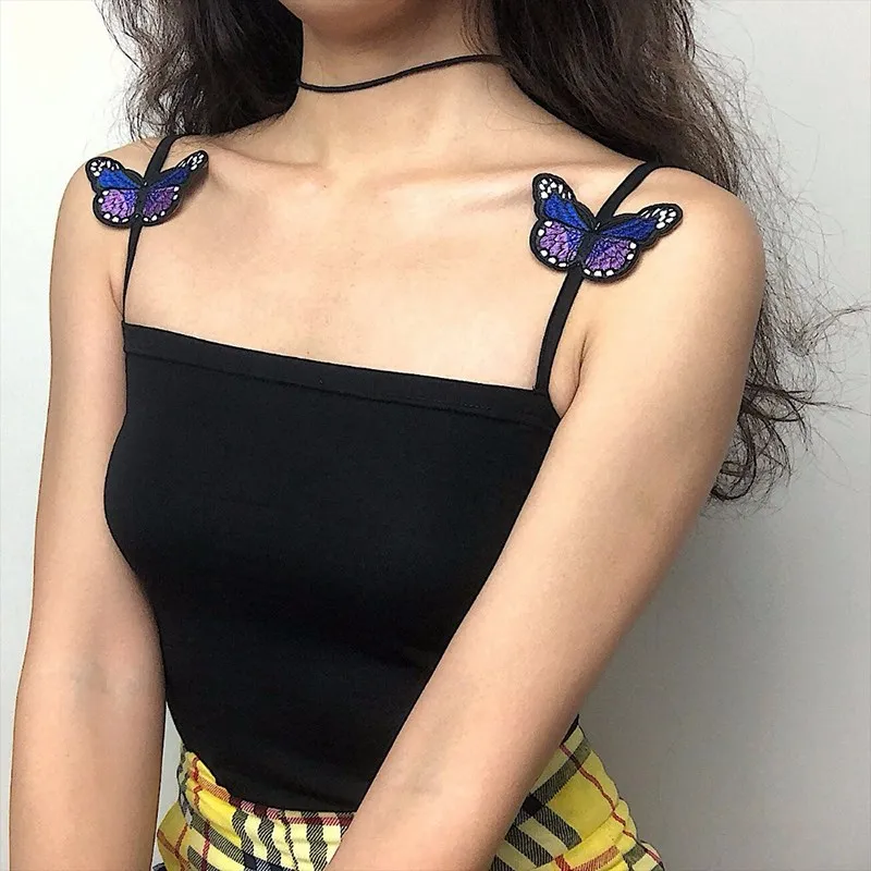 Летний женский винтажный короткий топ с бабочкой и вышивкой, сексуальный облегающий топ на тонких бретельках, однотонный облегающий Топ