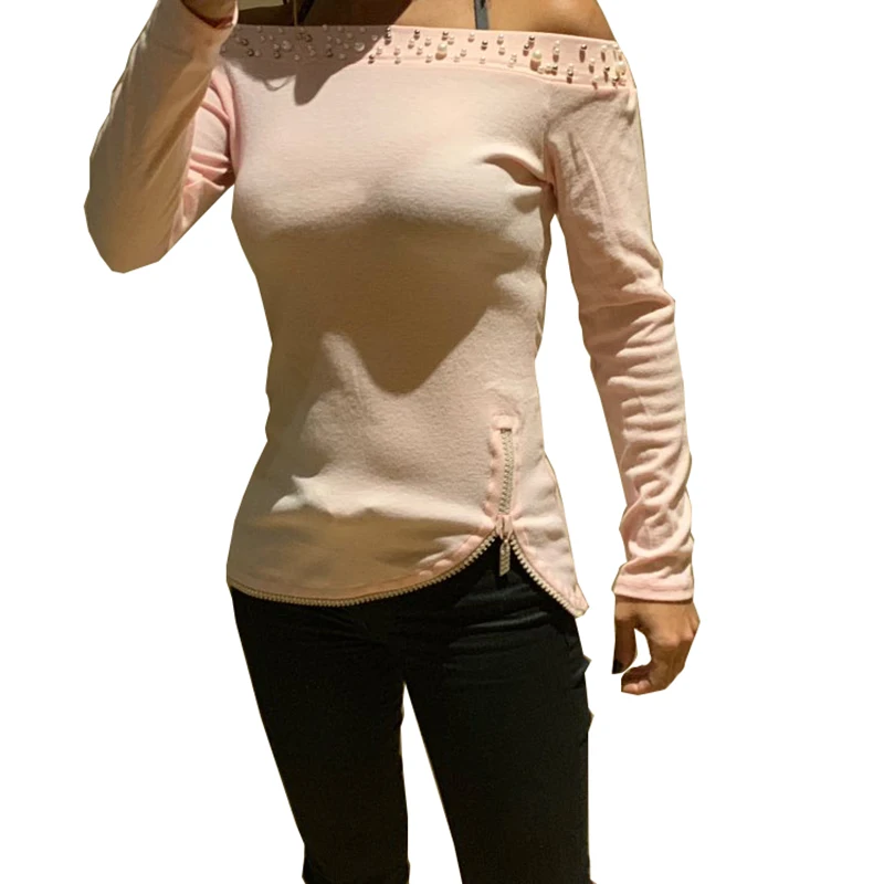Günstige Frauen Weg Schulter Perlen Blusen Hemd Slim Fit Langarm Frühling Herbst Feste Neue Design Zipper Blusas Hemd Tops SJ1684R