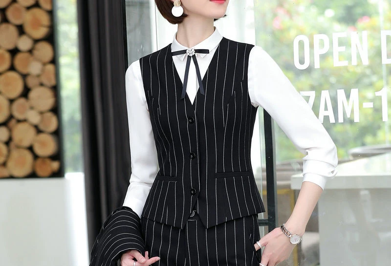 black waistcoat IZICFLY стиль осень серый полосатый Женский костюм блейзеры жилет элегантный тонкий Бизнес Офис длинная куртка элегантный брючный костюм для работы - Цвет: black waistcoat