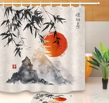 

Shower Curtain, Bathroom Curtains-Japanese Style,Sun,Cherry blossoms,Tree,Hills,Artistic,Water Color,Hand Draw,Art,White Cloth