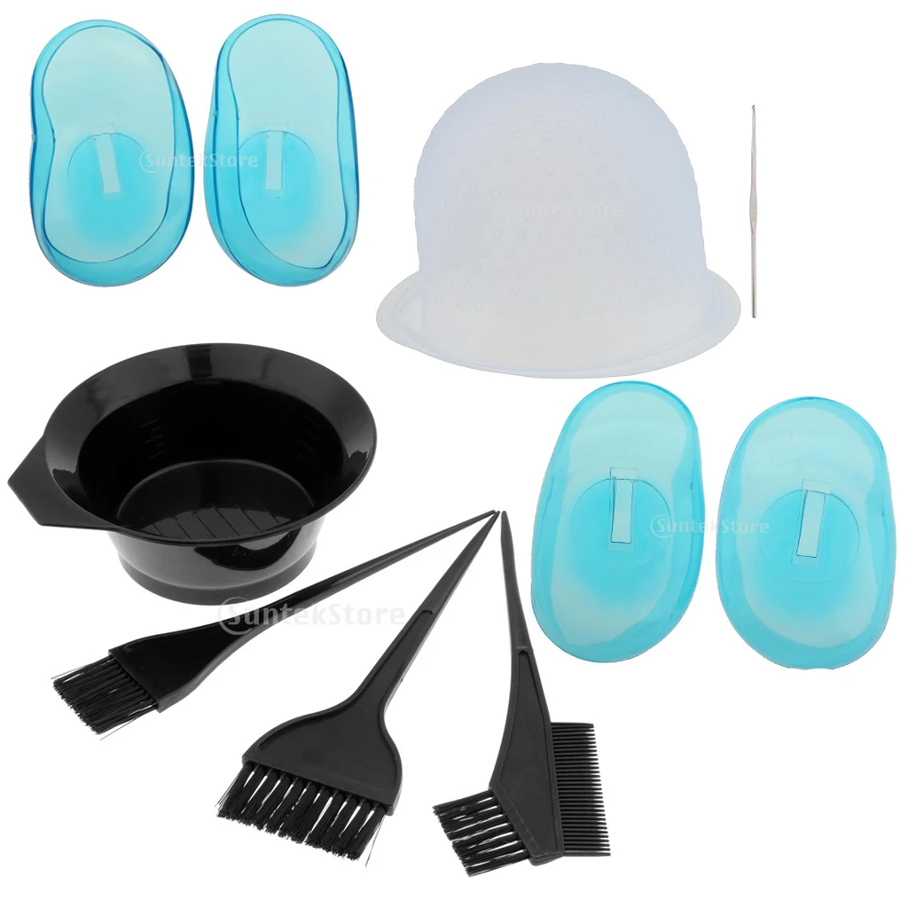 9Pcs/Set Plastic Hair Dye Bowl Brushes Kit Hair Coloring Brushes Tinting Bowl Highlighting Cap Hook and Ear Covers Combo