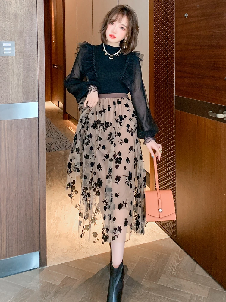 Falda de 3 capas mujer, faldas largas de tul malla bordada con flores, a la moda, para otoño e invierno, 2020|Faldas| - AliExpress