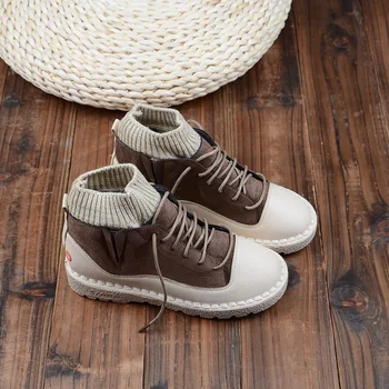 

Mori Girl Retro Soft-Sole Plus Velvet Short Boots Casual Martin Boots Korean Wild Student Socks Boots Flat Women's Ankle Boots