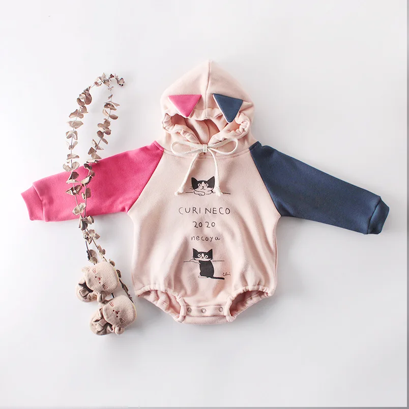 

1831 Hooder Cat Printed Romper Plus Velvet Long Sleeve Autumn Newborn Outfits Bodysuit For Infant Toddler 18 Months Baby Clothes