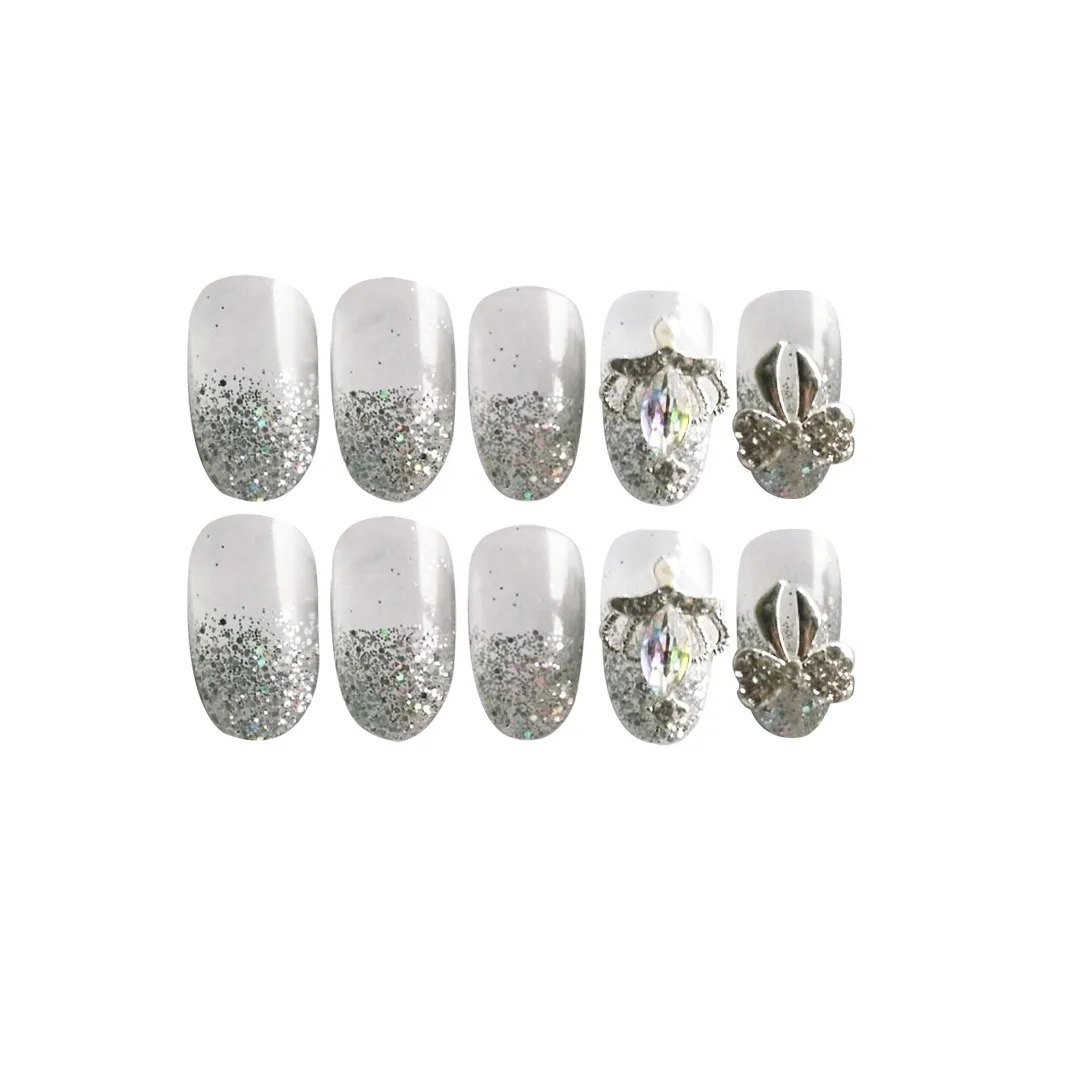 Nusx 24pcs Ladies Fake Nails Transparent Floral Beads Decor DIY Full Cover Pointed Head Bride False 5