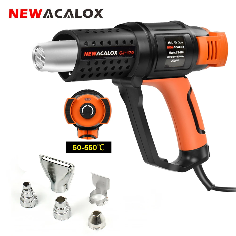 NEWACALOX Household Hot Air Gun Hair Dryer 2000W EU 220V Thermostat Heat Gun with 5pc Nozzles for Soldering/ Car Foil Heat Tool