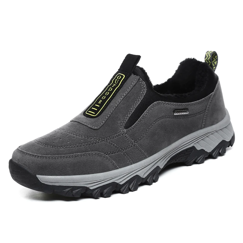 Мужская термальный поход, обувь без шнуровки, теплая зимняя обувь для мужчин, мех внутри, зимняя, наружная горная Прогулка спортивные туфли - Цвет: Gray