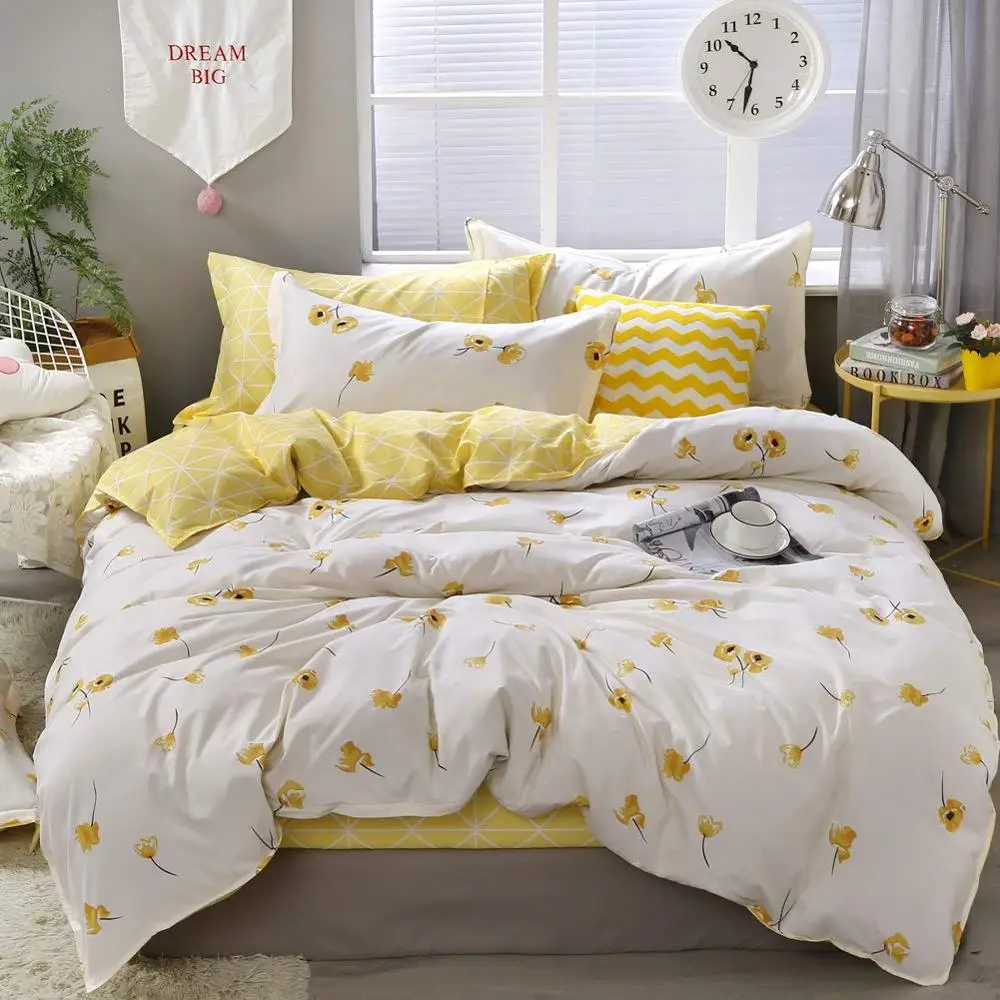 Yellow Flowers Bedding Luxury Floral Duvet Cover Set Lucky Clovers and Yellow Plaid Reversible Design Flower Comforter Cover