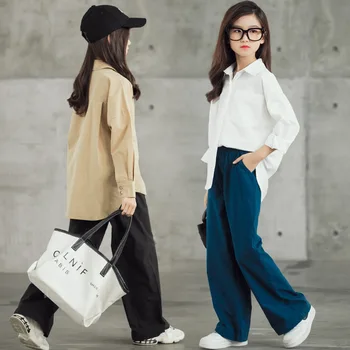 

Teen Girls Fashion Clothing Set Autumn 2020 Children Cotton Shirt and Wide Leg Pants Set Kids Girls Casual Two Piece Set, #9194