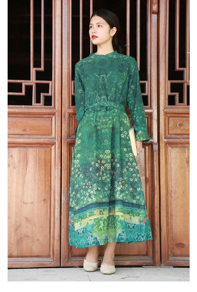 LZJN 2019 Women Autumn Long Sleeve Dress Floral Printed Belt Waist Long Dress Vestido Loose Robe with Pockets and Cotton Lining (23)