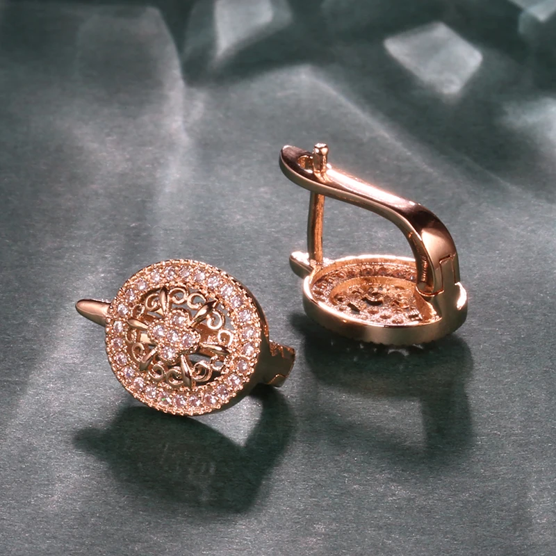 Kinel Luxury Wedding Zircon Stud Earrings Hollow Flowers Oval Earrings Beautiful For Women 585 Rose Gold Engagement Jewelry