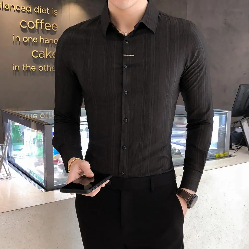

British Style Men Striped Shirt Autumn New Formal Wear Men's Social Shirts Long Sleeve Slim Fit Business Dress Shirts Men Black