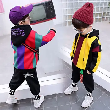 

Children Boys Hooded Patchwork Sweatshirt 2019 New Fashion Plus Velvet Warm Striped Hoodies 3-10T Boy Tops High Quality
