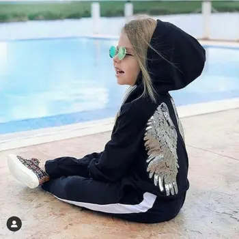 

Toddler Baby Girl Winter matching Clothes Hooded black Wing Tops Sweatshirt Long Pants casual Tracksuit sport Outfit
