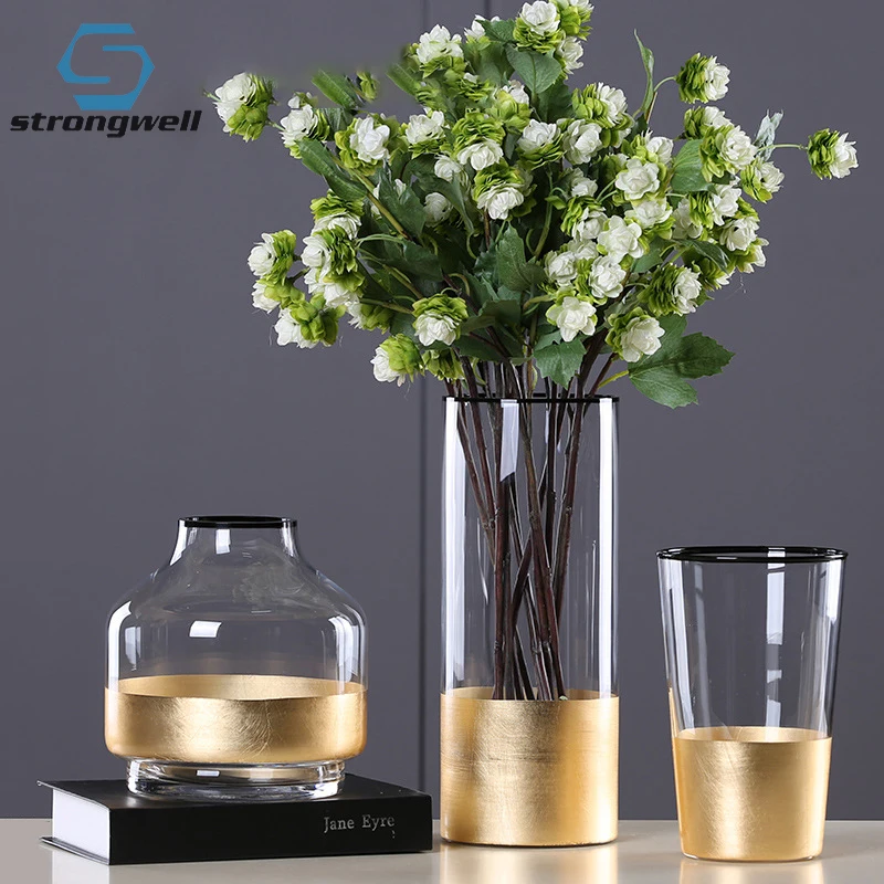 

Strongwell Nordic Glass Vase Gold Foil Modern Golden Glass Vase European Clear Cylinder Flower Vase Decoration Home Tabletop