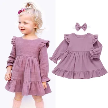 

Toddler Kids Baby Girls Dress Frill Solid Princess Dress +headband Outfits Set Long Sleeve Casual Dresses Party Vestido Clothes