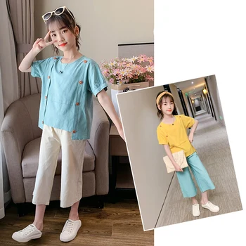 

Kids Teens Fashion Clothes Set Solid Color Spring Summer Clothes Made of Cotton and Linen Autumn Children Baby Girl Clothes Set