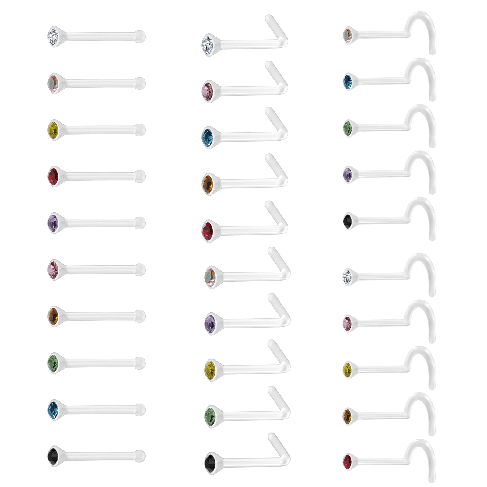 10PCS/Lot 20g CZ Crystal Nose Piercing Set Acrylic Plastic Nose Studs Rings Retainer Bone L Shape Nose Piercing Jewelry