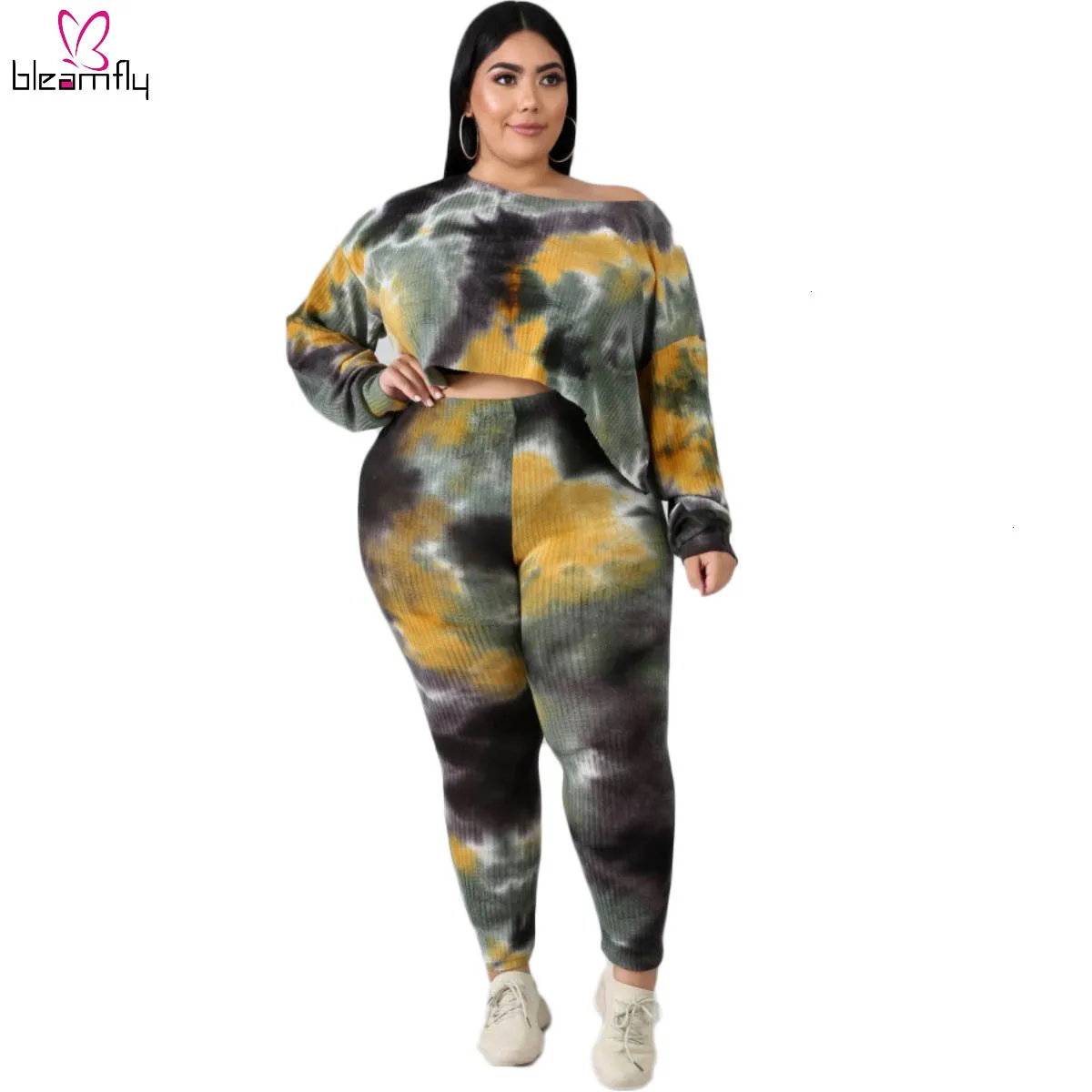 Tie-dye повседневный комплект размера плюс 5xl 6xl женский осенний комплект из двух предметов топ с круглым вырезом и длинным рукавом и облегающие штаны уличная одежда спортивный костюм